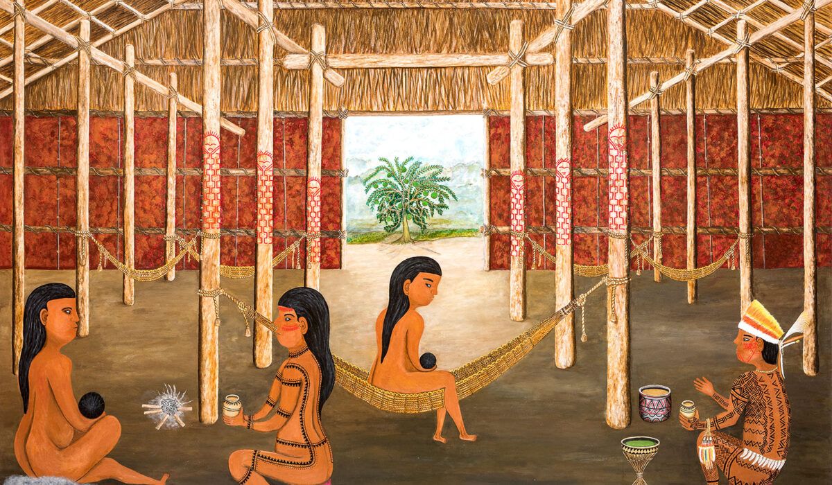 Duhigó (São Gabriel da Cachoeira, Amazonas, Brazil, 1957), Nepu Arquepu [Monkey Hammock], 2019. Acrylic on wood, 185,5 x 275,5 cm. Collection Museu de Arte de São Paulo Assis Chateaubriand. Gift: Fabio Ulhoa Coelho and Monica Andrigo Moreira de Ulhoa Coelho, 2021. Photo: Edson Kumasaka