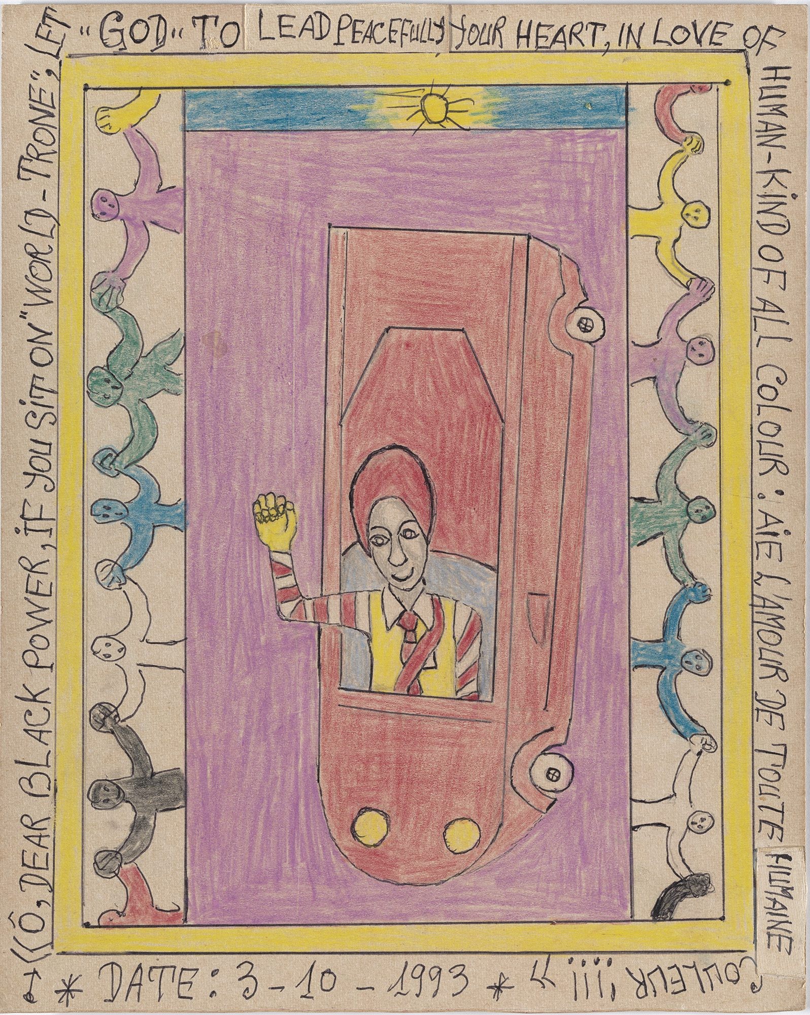 Frédéric Bruly Bouabré. « Ô, Dear black power, if you sit on “world‑trone”, let “God” to lead peacefully your heart, in love of human‑kind of all colour: Aie l’amour de toute humaine couleur!!!! » from Connaissance du monde. 1993. Colored pencil, pencil, and ballpoint pen on board, 11 ⅞ × 9 ½” (30.1 × 24.2 cm). The Museum of Modern Art, New York. The Jean Pigozzi Collection of African Art. © 2022 Family of Frédéric Bruly Bouabré