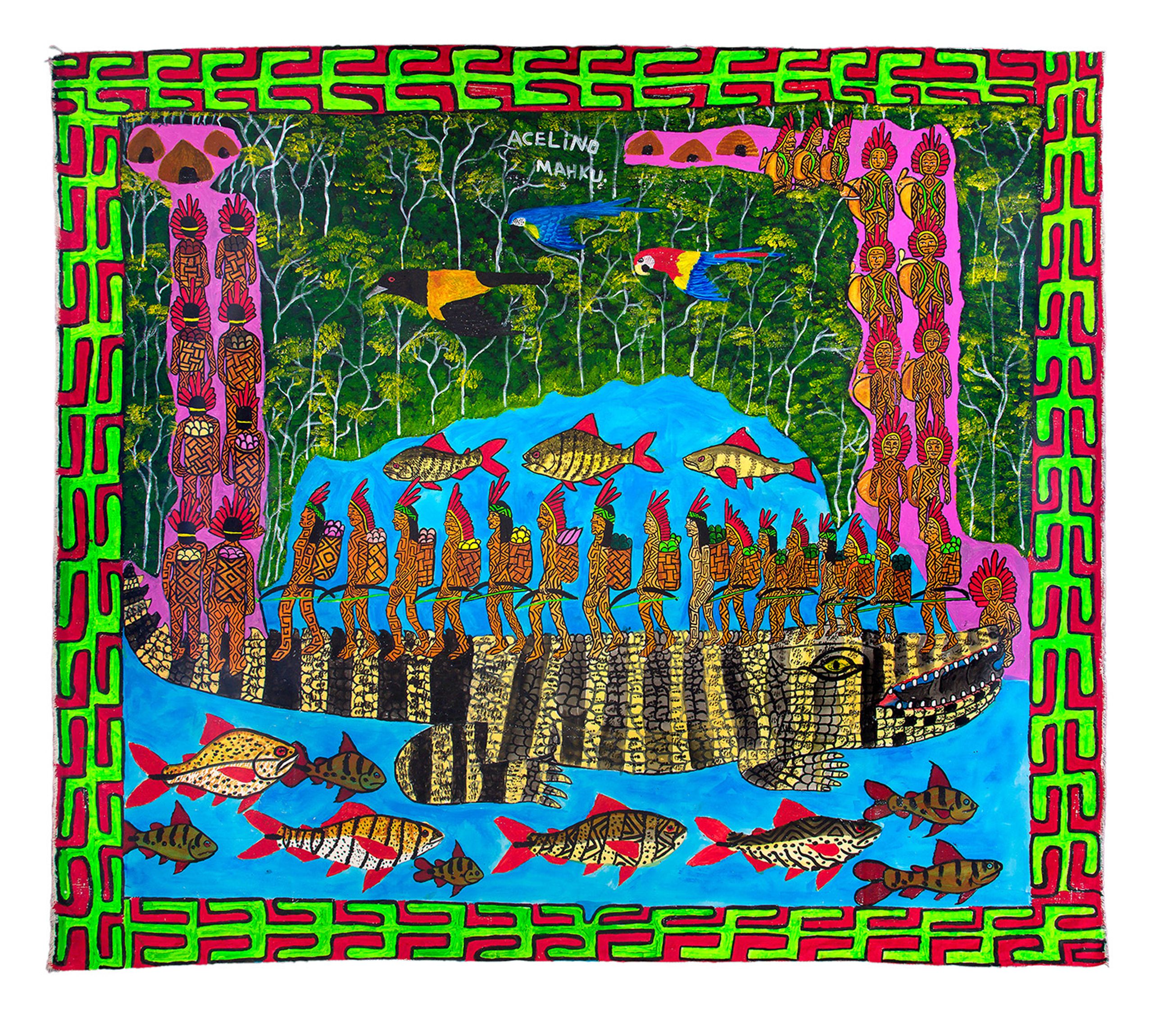 Acelino Tuin Huni Kuin, Movimento dos Artistas Huni Kuin (MAHKU) (Aldeia Chico Curumin, Acre, Brazil, 1996, lives in Indigenous Land Alto Rio Jordão, Acre, Brazil), Kapewë pukeni [Bridge-Alligator], 2022. Acrylic on canvas, 140 x 115cm. Collection: Museu de Arte de São Paulo Assis Chateaubriand. Commission: MASP. Photo: Daniel Cabrel