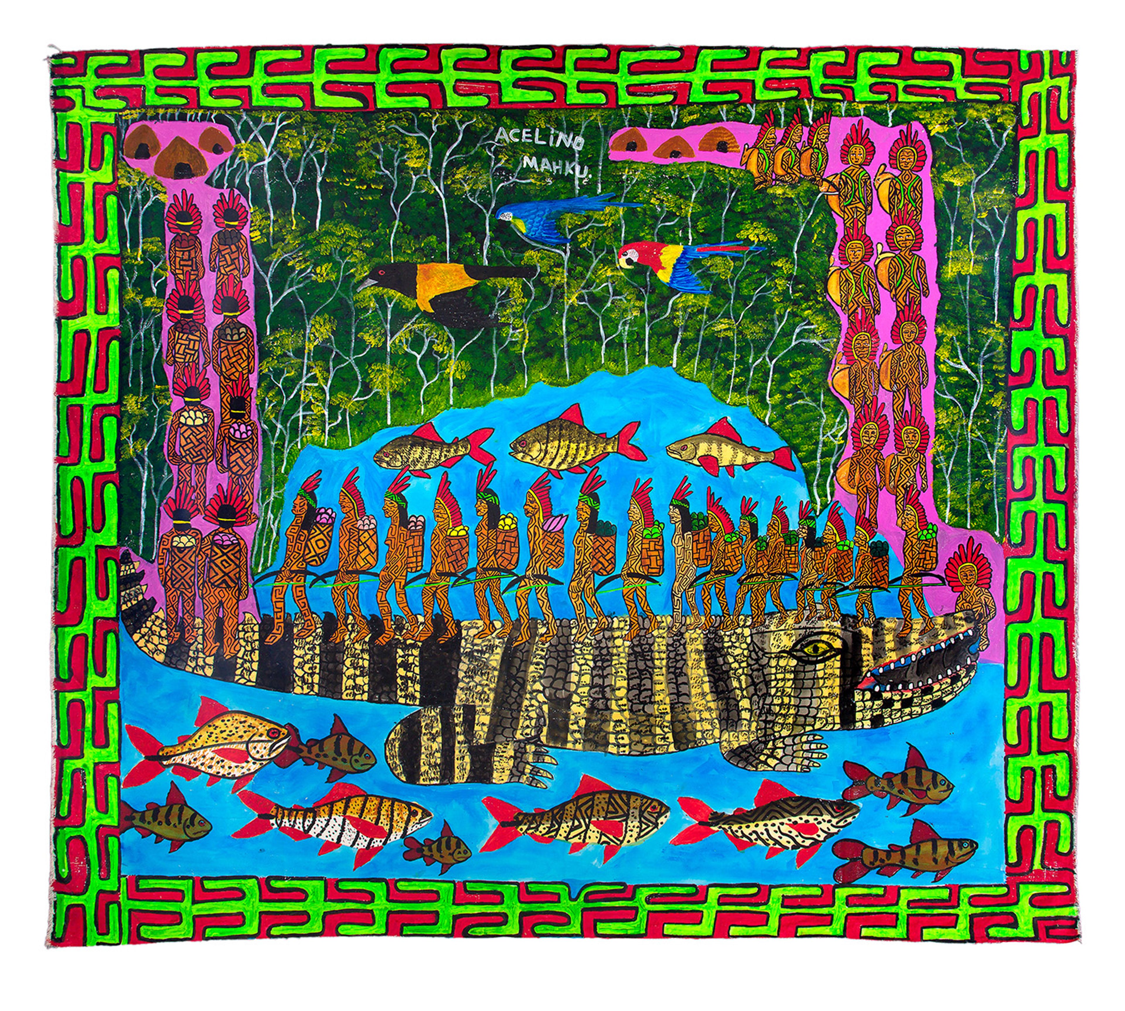 Acelino Tuin Huni Kuin, Movimento dos Artistas Huni Kuin (MAHKU) (Aldeia Chico Curumin, Acre, Brazil, 1996, lives in Indigenous Land Alto Rio Jordão, Acre, Brazil), Kapewë pukeni [Bridge-Alligator], 2022. Acrylic on canvas, 140 x 115cm. Collection: Museu de Arte de São Paulo Assis Chateaubriand. Commission: MASP. Photo: Daniel Cabrel