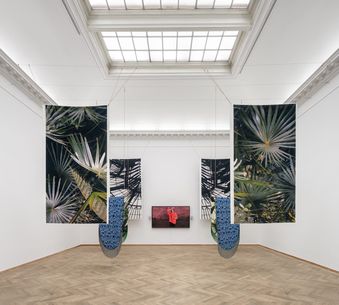 Shiraz Bayjoo, Zot Konn – Yeman (They know – The Wise), 2022. Palm Crown, 2022. Roots and Vine, 2022. Tangena Ordeal, 2022. Plantation Landscape, 2022. Split-architecture 1, 2023. Split-architecture 2, 2023. Installation view, Seeds and Souls, Kunsthal Charlottenborg, 2023. Courtesy of the artist. Photo by David Stjernholm.