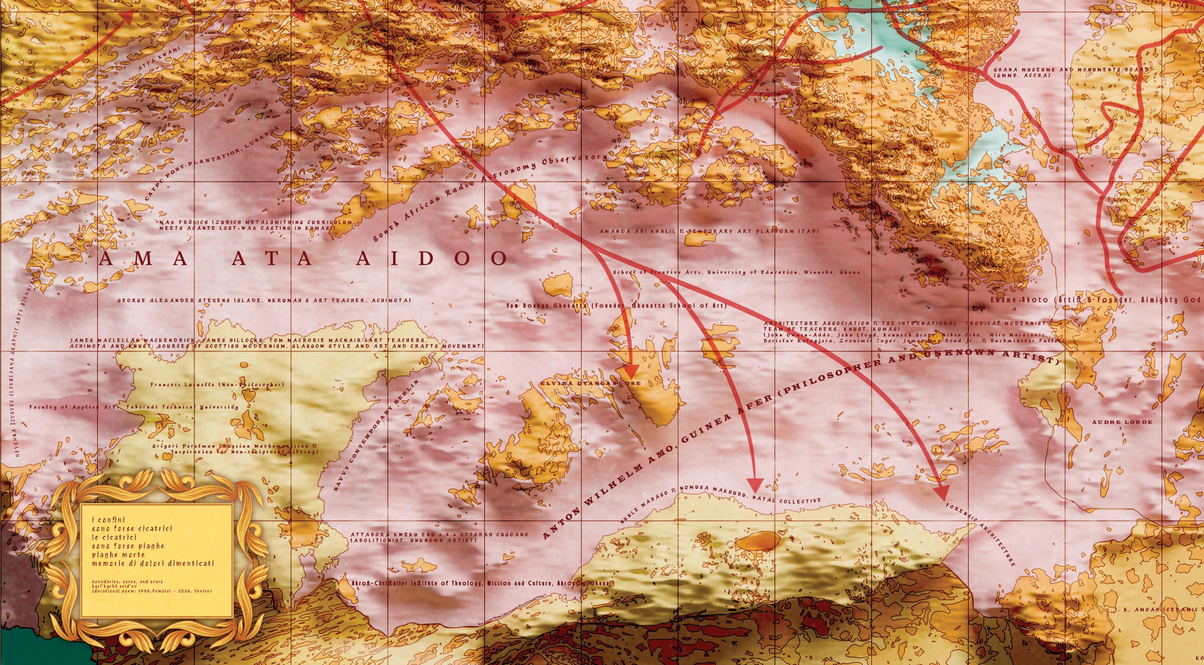 A stylized relief map with brown landmasses, pink oceans, red arrows indicating routes, and text including "AMA ATA AIDOO" and a legend box.