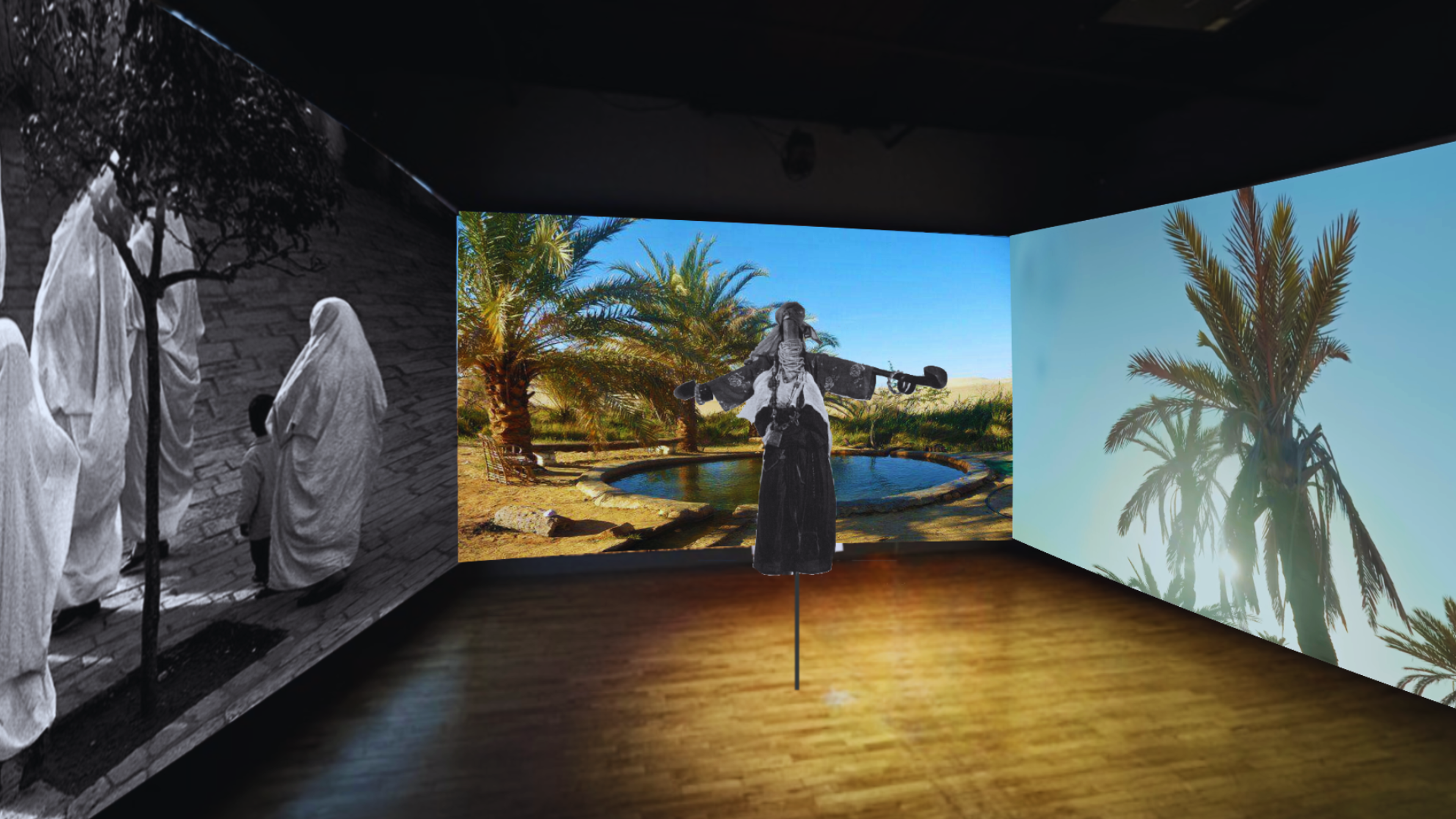 Multi-screen art installation displaying a black and white street scene, a colorful desert oasis with a superimposed figure, and palm trees.