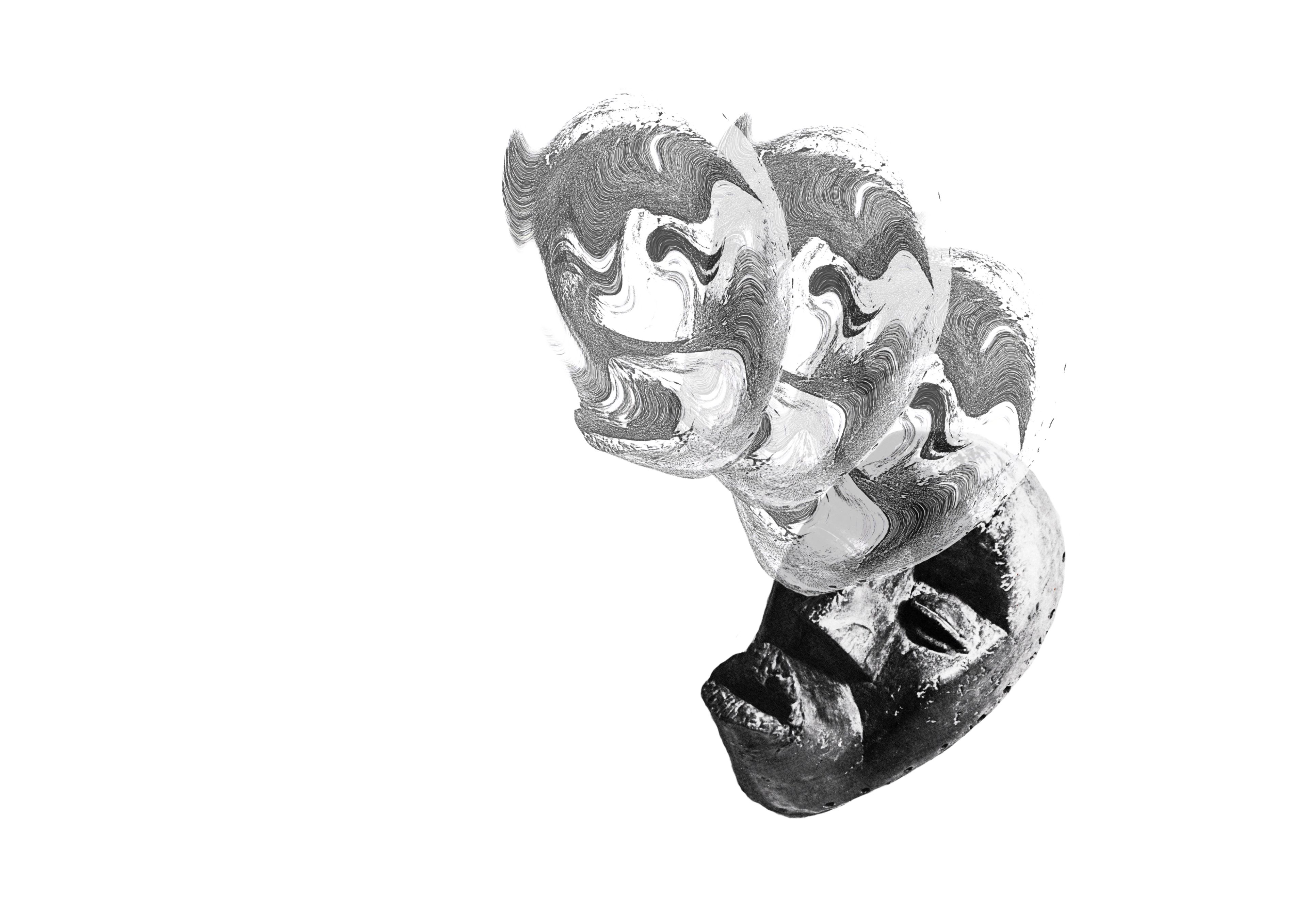 A black and white image shows a dark, textured mask with three progressively abstract, wavy, and lighter forms floating above it.