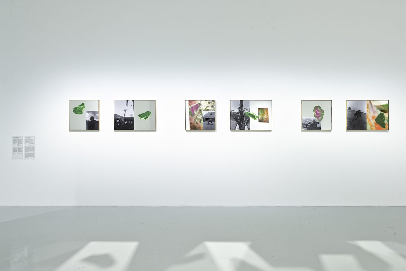 Sammy Baloji, Hans Himmelheber, Portrait of his shadow, DR Congo, Kingulu, June 18, 1938, scan of a Chalcopyrite from Kipushi mine, and your reflection in the mirror; Hans Himmelheber, Performance of a mbuya mask with leaves and raffia costume, DR Congo, Pende region, 1939, scan of a Dioptase from Tantara mine, and your reflection in the mirror; Hans Himmelheber, Man with mask, DR Congo, Basaka-Mpasu, 10.4.1939, scan of a Dioptase from Tantara mine, and your reflection in the mirror; Hans Himmelheber, Figure on the roof of Himmelheber’s car, DR Congo, Luluwa region, 1939, scan of a Dioptase from Tantara mine. And your reflection in the mirror; Hans Himmelheber, Masked figure with beak and crown of feathers, munyinga, DR Congo, Byombo region, May 20-22 1939, scan of a Chalcopyrite from Kipushi mine, and your reflection in the mirror; Hans Himmelheber, Himmelheber’s boots and tipoye bearer, DR Congo, Lele region, January 1939, scan of a Dioptase from Tantara mine, and your reflection in the mirror, 2020, UV print on 4mm mirror. Courtesy Galerie Imane Farès, Paris. View of the exhibition Globalisto. A Philosophy in Flux at the Musée d’art moderne et contemporain de Saint-Étienne Métropole, from June 25th to October 16th, 2022. Crédit photo : C. Cauvet / MAMC+