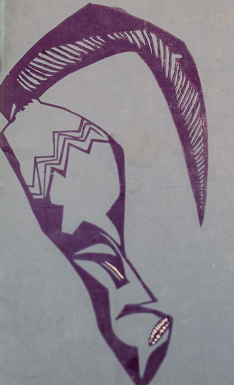 Cover of "BLACK ORPHEUS" featuring a stylized purple mask with a large horn on a light blue background.