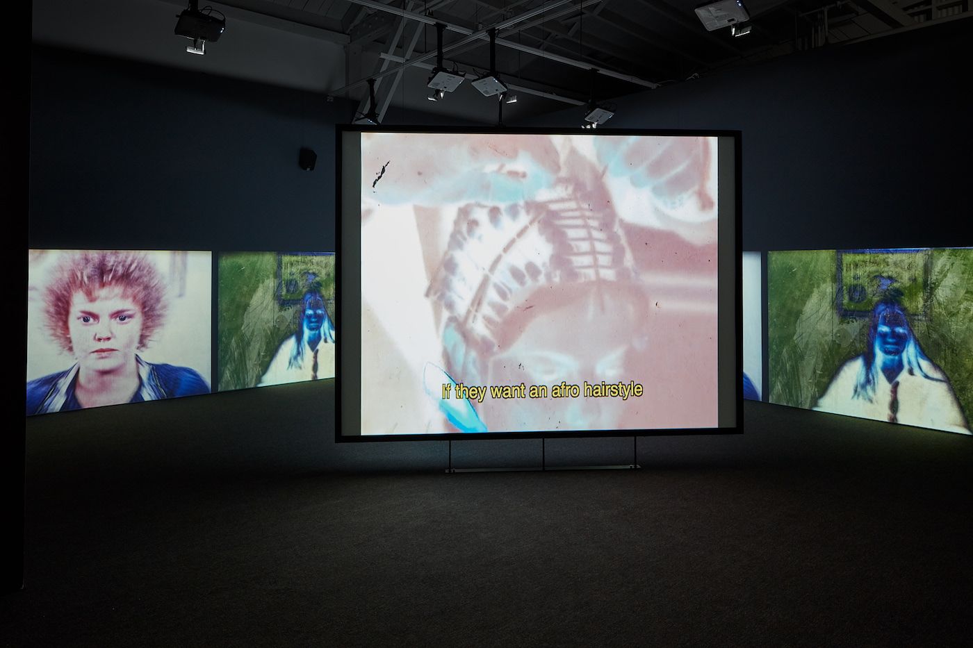 Akosua Adoma Owusu, Welcome to the Jungle, 2019; installation view, CCA Wattis Institute; “White Afro” [detail], 2019; Courtesy of the artist; Photo: Johnna Arnold.