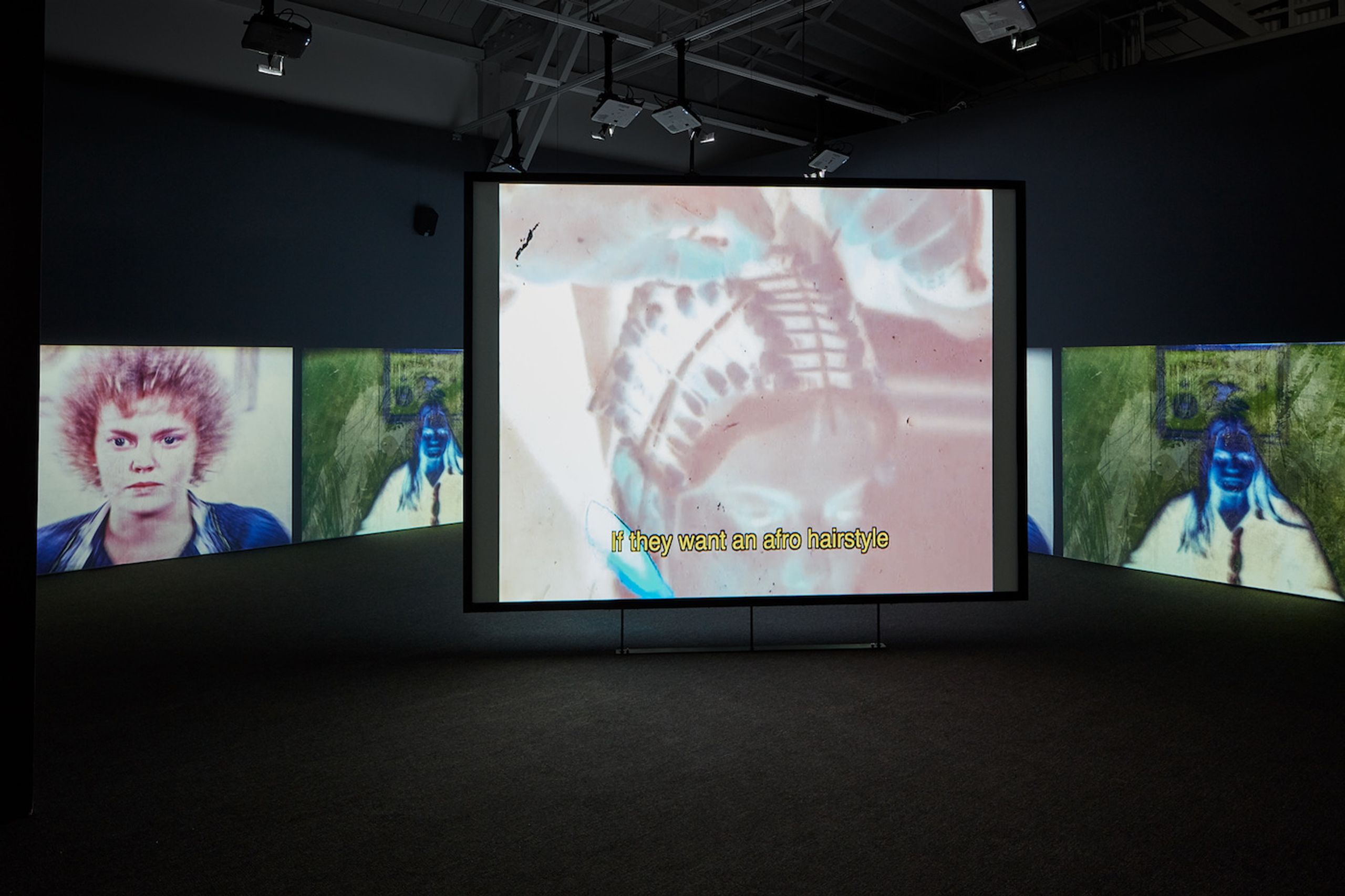 Akosua Adoma Owusu, Welcome to the Jungle, 2019; installation view, CCA Wattis Institute; “White Afro” [detail], 2019; Courtesy of the artist; Photo: Johnna Arnold.