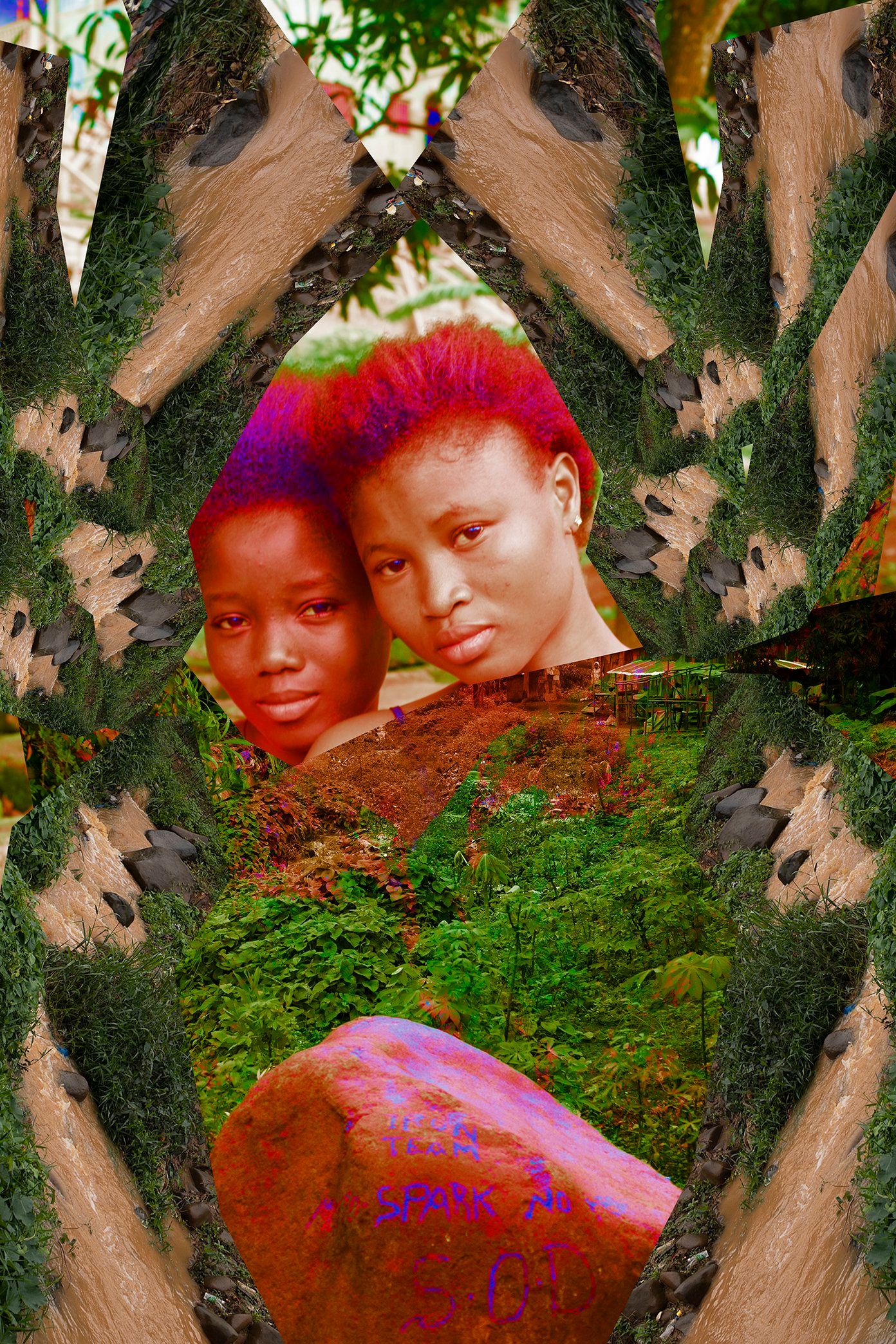 A digitally enhanced portrait of two young women with brightly colored hair, framed by a naturalistic collage of muddy streambeds and green leaves. A lush landscape and a pink graffiti-covered rock are visible below them.