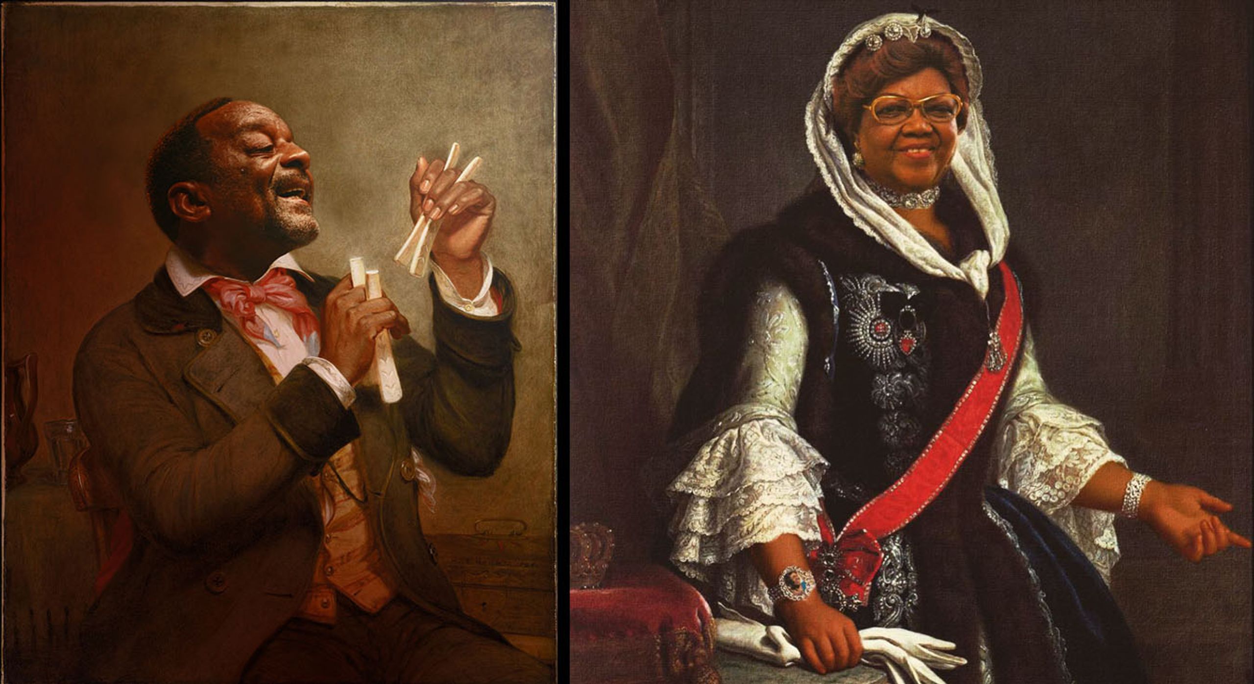 Left: Alberto Pereira. Naná Vasconcelos. “The Bone Player.” William Sidney Mount (American, 1807–1868). Right: Alberto Pereira. Dona Ivone Lara. “Portrait of Queen Maria Josepha (1699-1757), Wife of King Augustus III of Poland,” Pietro Antonio Rotari.
