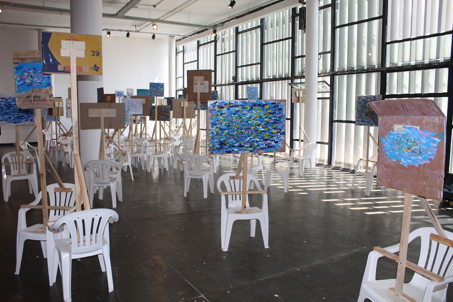 Oscar Murillo, 42 works with the same title and year: Study for Social Cataracts, 2025. Oil and stick on cardboard. Commissioned by Fundação Bienal de São Paulo for the 36th Bienal. Courtesy: Studio Oscar Murillo. Photo: Cristian Baena