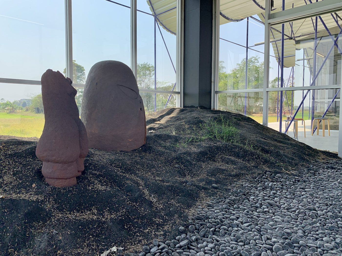 Precious Okoyomon, A Blue Instant, a Forward Looking sky, 2023. Influenced by the environmental presence and impact of ash on the region, each room offers a different permutation on the physical and conceptual resonances of the substance. Photo: C&