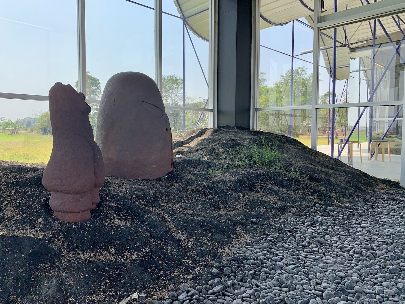 Precious Okoyomon, A Blue Instant, a Forward Looking sky, 2023. Influenced by the environmental presence and impact of ash on the region, each room offers a different permutation on the physical and conceptual resonances of the substance. Photo: C&