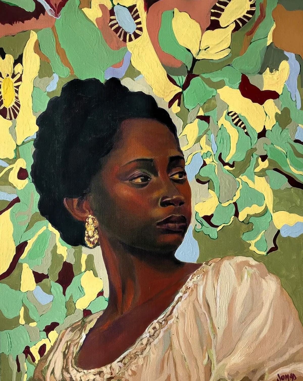Bust portrait of a Black woman in a cream dress, gold earring, looking left against a vibrant, abstract green and yellow foliage background.