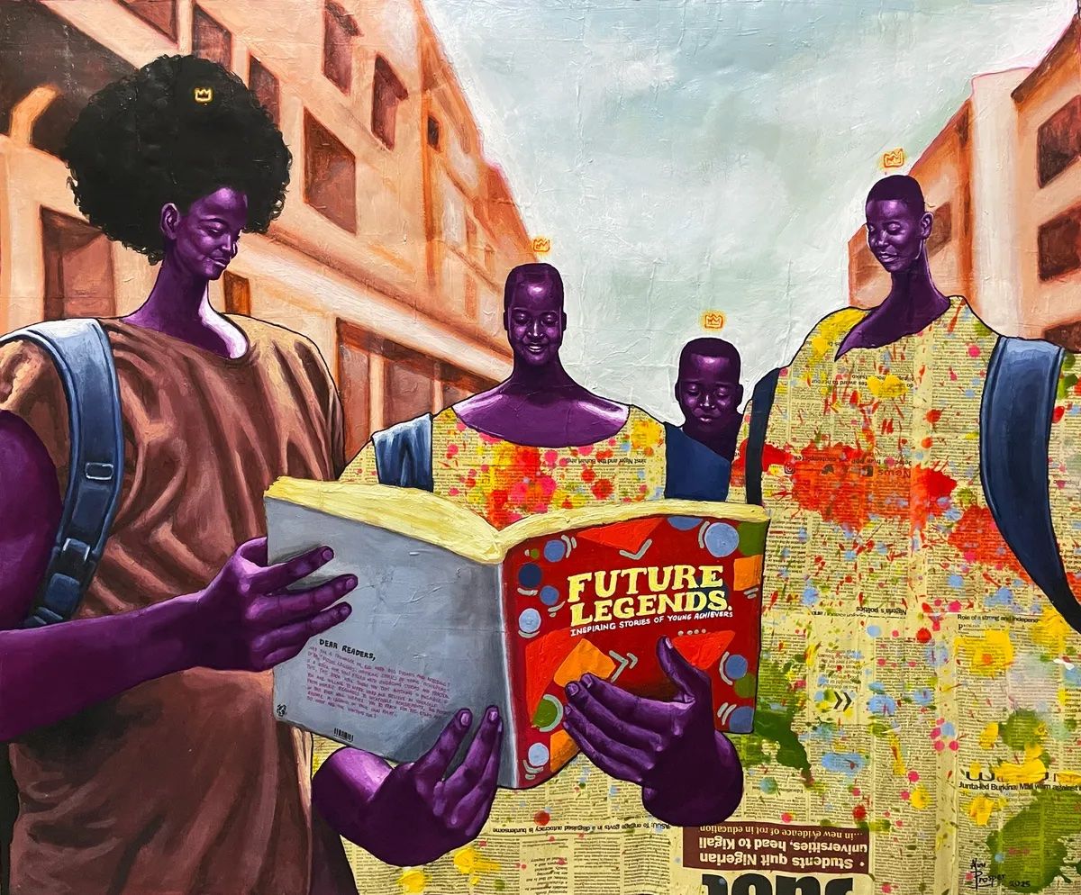 A stylized painting of four purple-skinned figures, including a child, reading books. Their clothes are a collage of newspaper and colorful paint. One book cover says 'FUTURE LEGENDS'.