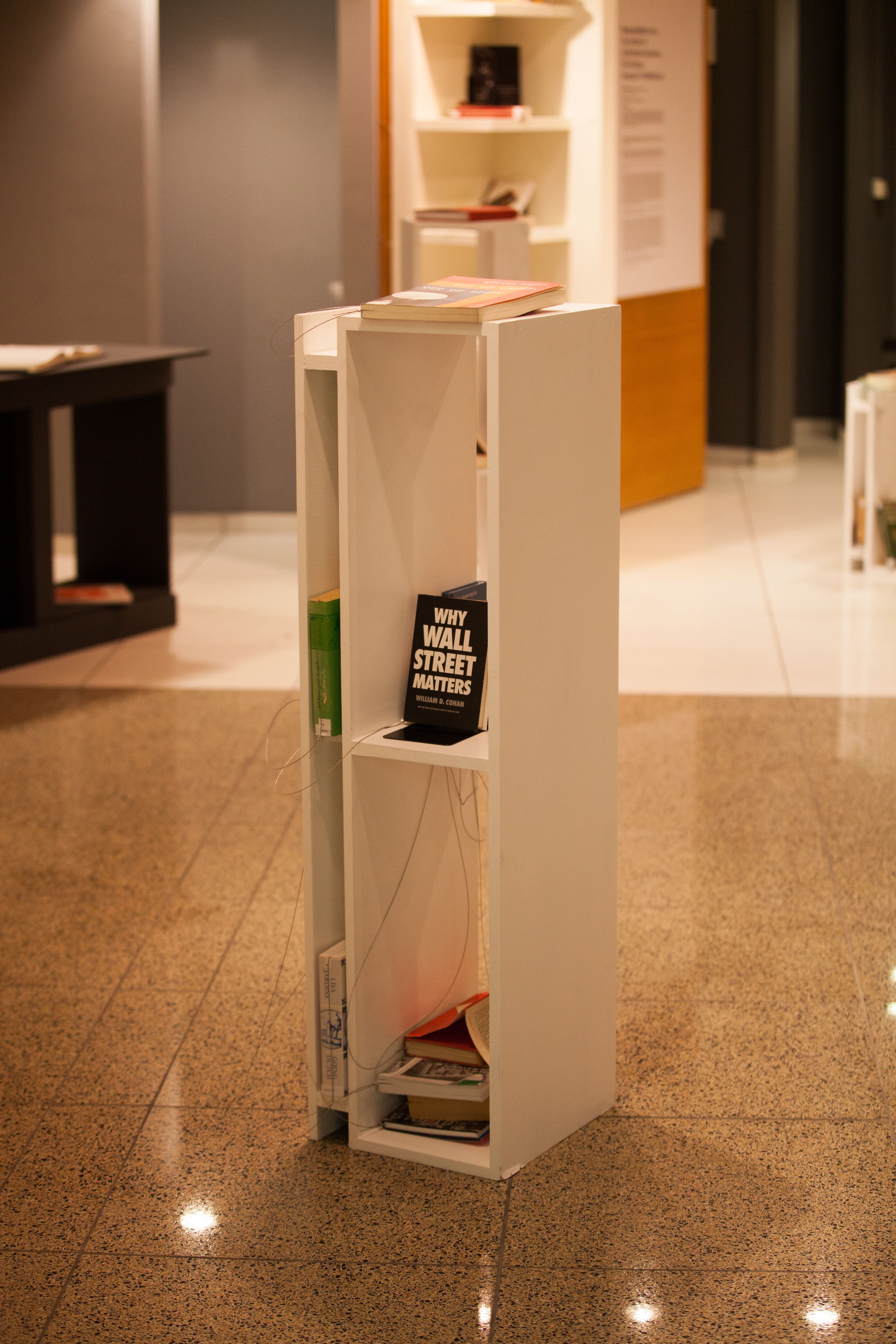 A tall, white bookshelf on a tiled floor holds several books, with "WHY WALL STREET MATTERS" prominently displayed.