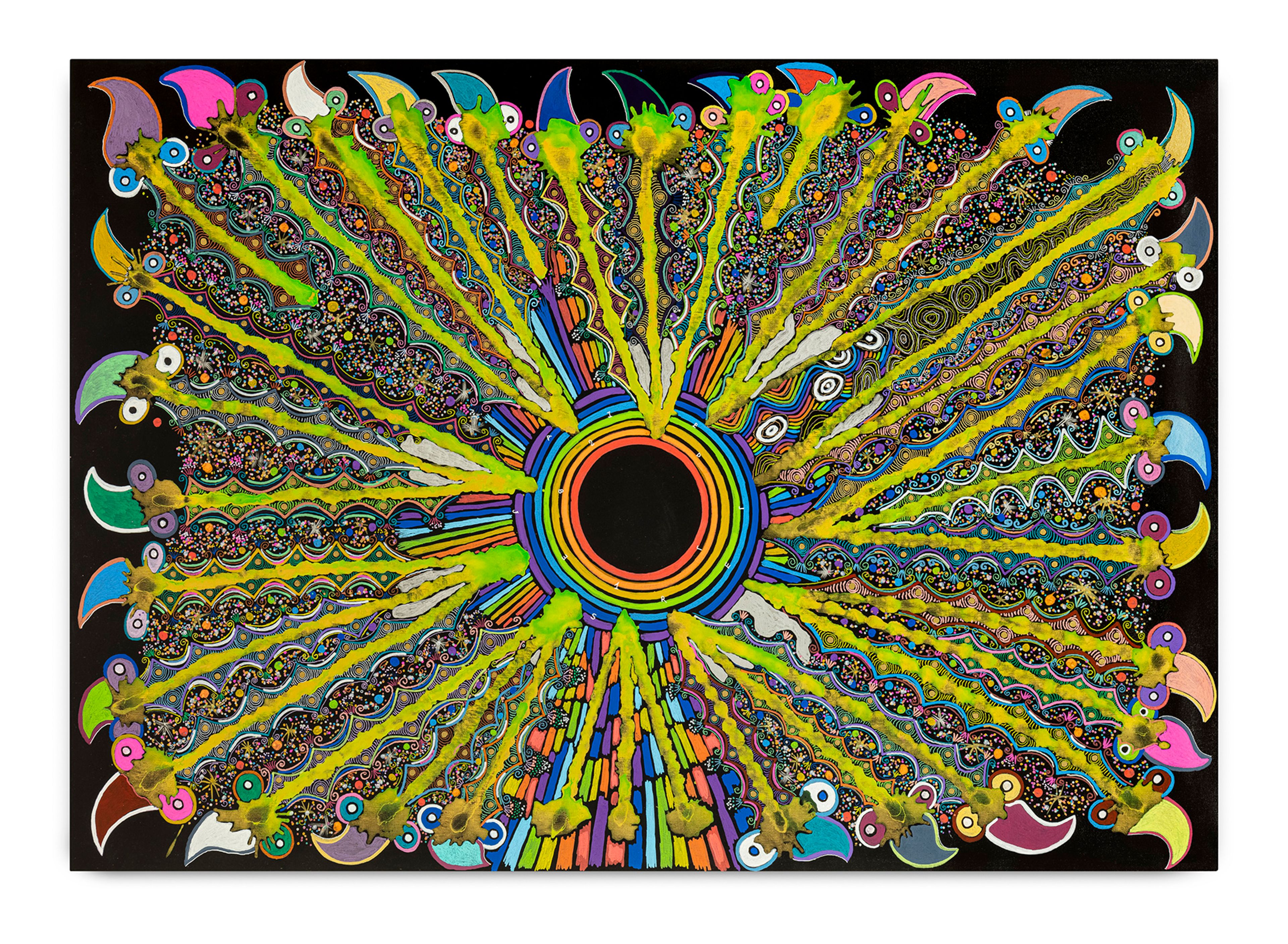 Abstract painting of a sunburst with a black center, rainbow rings, and radiating yellow-green patterns on black.