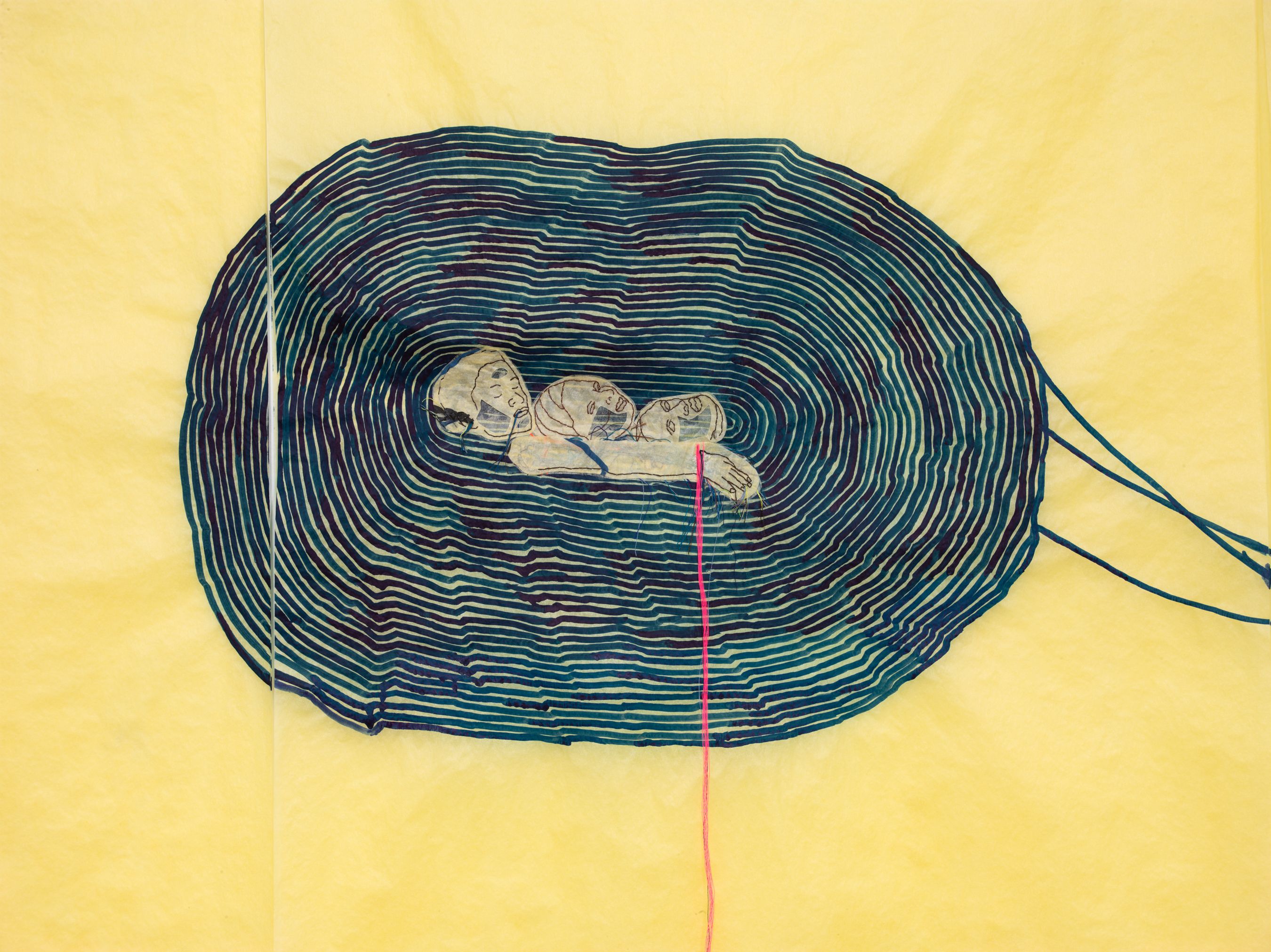 On a yellow background, a large dark blue oval of concentric lines frames three light-colored, reclining figures. A pink thread extends from one figure, and blue threads trail from the oval.