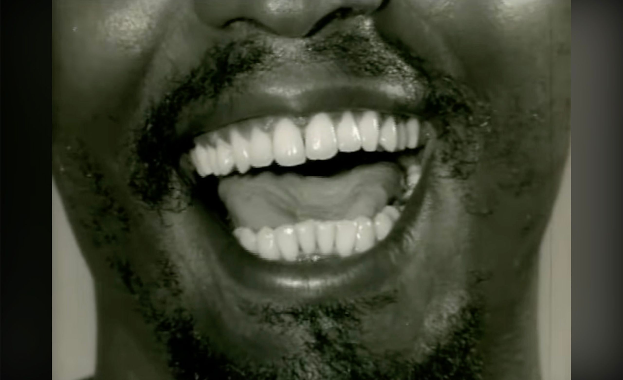 Monochrome close-up of a bearded man laughing, showing white teeth.