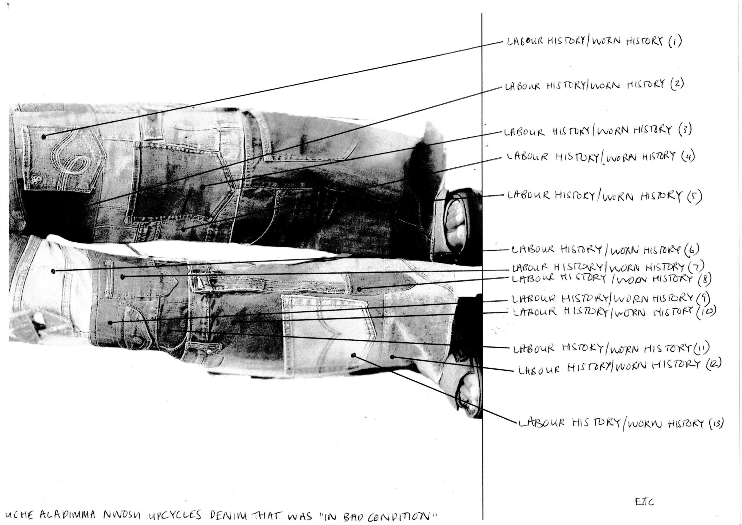 Black and white image of Uche Aladimma Nwosu's upcycled denim, arranged in two rows and annotated with lines pointing to "LABOUR HISTORY/WORN HISTORY" labels.