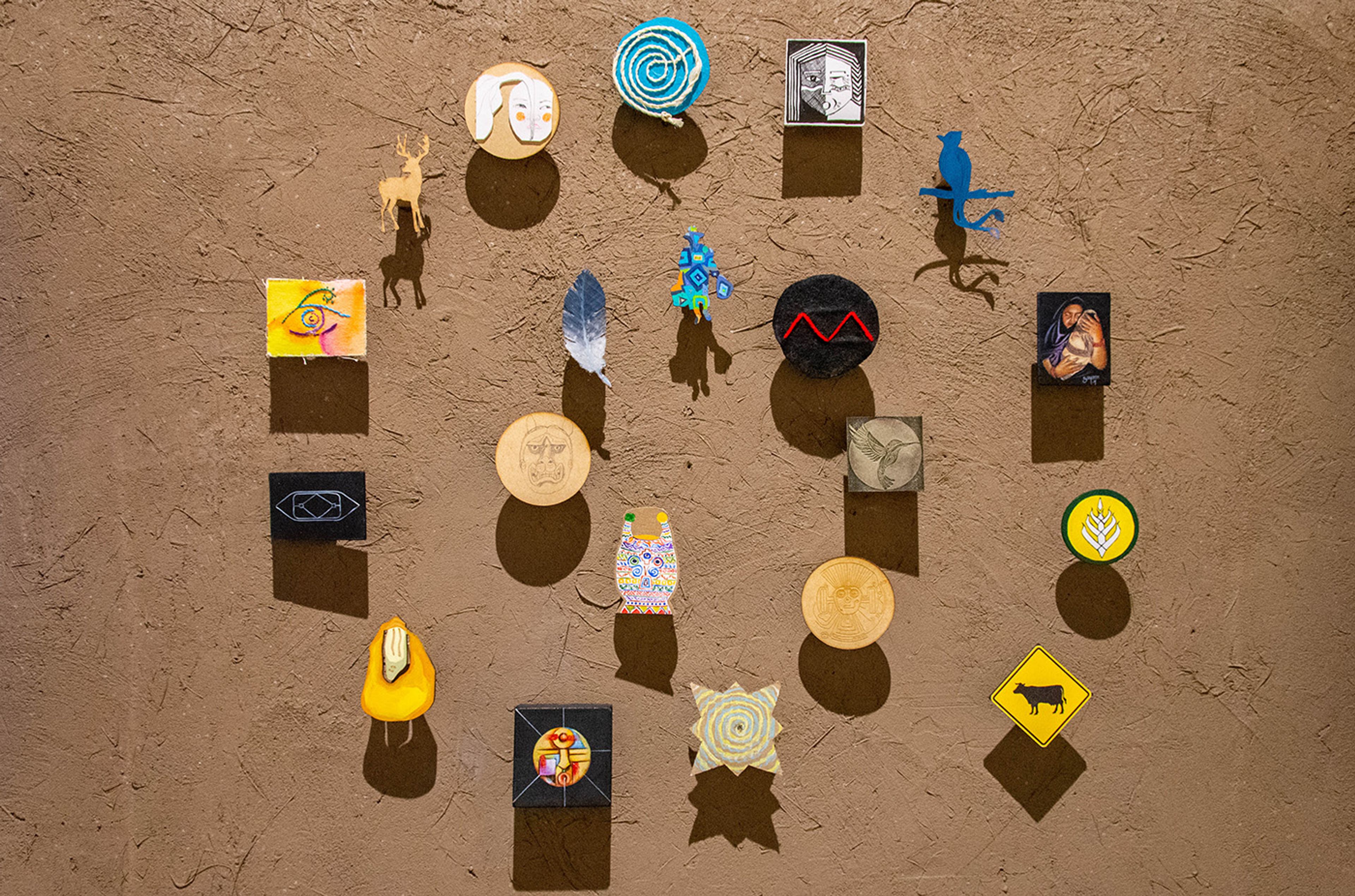 Constelación-Churo: distinctive symbols of each of the Kichwa artists participating in the Mutual Learning Encounter-Nakuk Yachakuy, 2023. Photo credit: Ricardo Guanín
