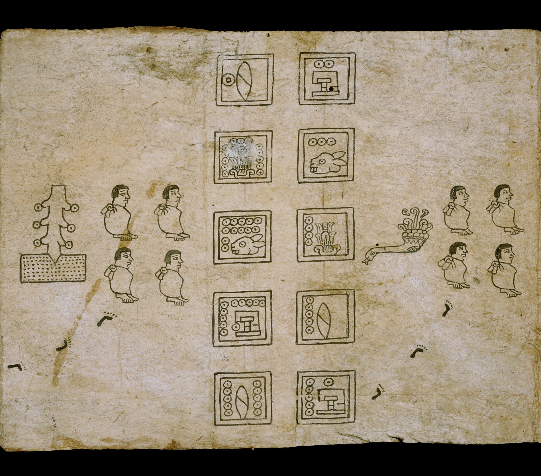 A page from an ancient Mesoamerican codex, showing stylized human figures, rectangular glyphs with various symbols (including a rabbit and abstract shapes), footprints, and a tree-like structure on light brown paper.