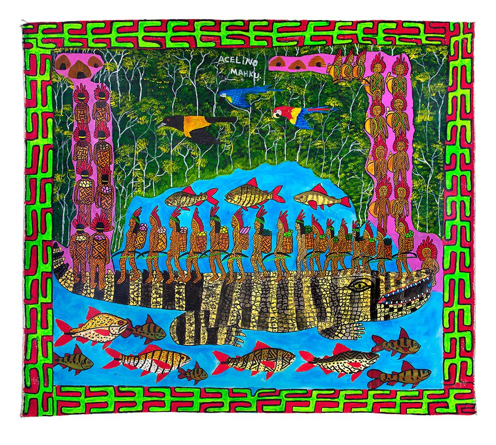 Acelino Tuin Huni Kuin, Artist Movement of the Huni Kuin Collective, Kapenawe pukenibu, 2022. Acrylic on canvas, 140 x 115cm. Commissioned by MASP. Photo: Daniel Cabrel