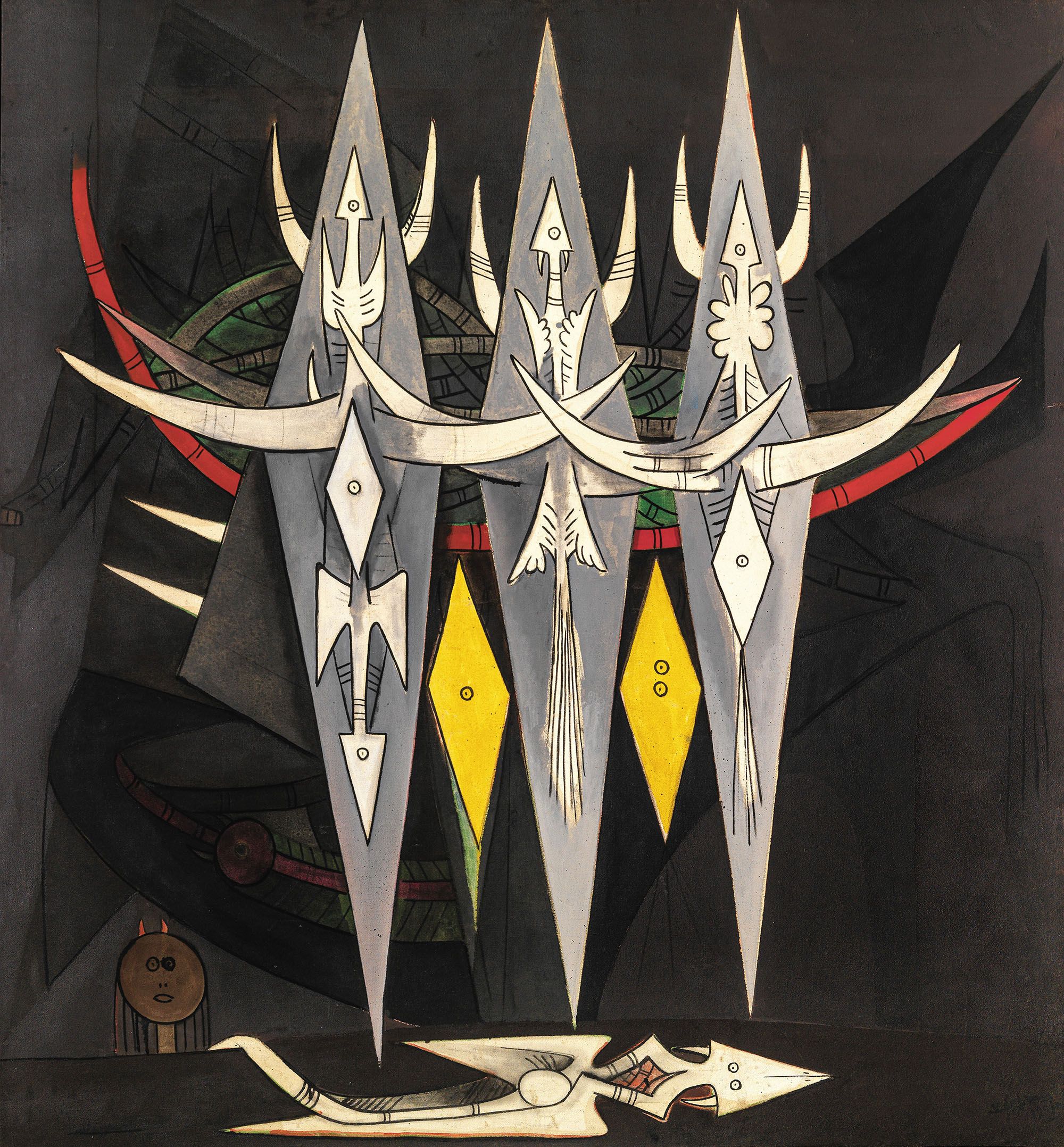 A dark, surreal painting with three grey, spear-like totems adorned with white tribal symbols and horns, two yellow diamonds, a white serpent-like creature, and a small horned figure.