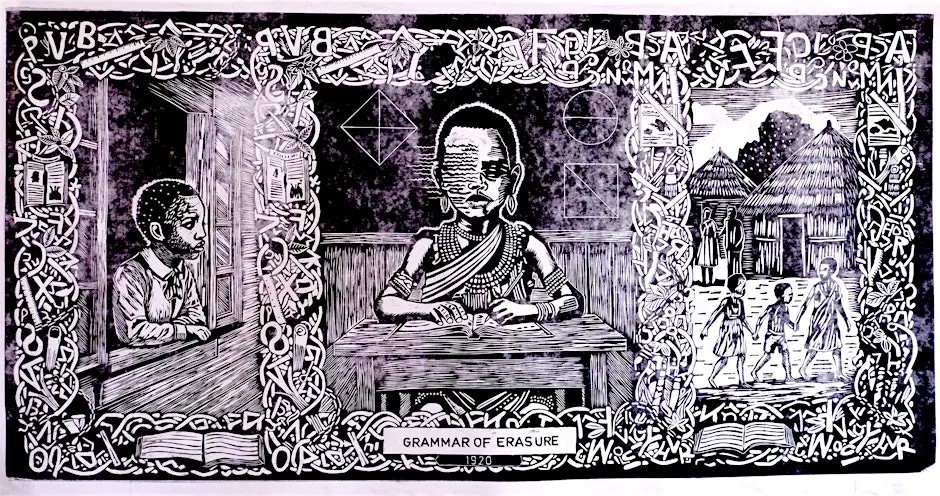 Black and white linocut triptych. A child in traditional dress with an 'erased' face sits at a desk in the center panel, labeled 'GRAMMAR OF ERASURE.' Flanking panels show a child looking from a window and children in a village. All are framed by ornate borders of letters.