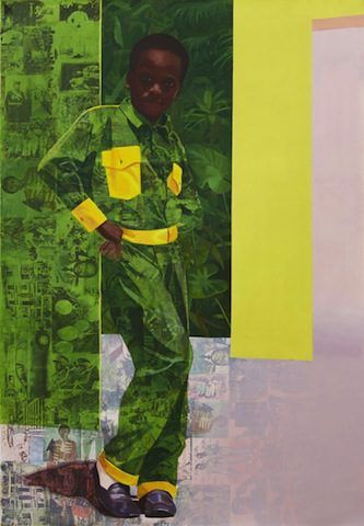 Njideka Akunyili, “The Beautyful Ones” Series #2 (2013), Acrylic, color pencils, pastels and transfers on paper 5.1 ft. × 3.5 ft. Courtesy of the artist