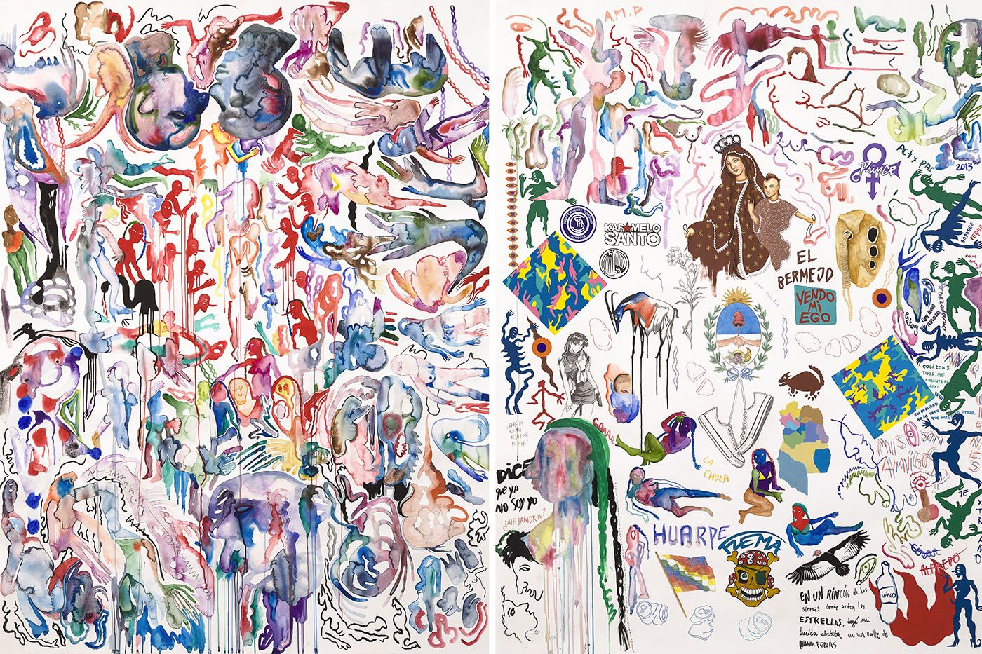 Left: La Chola Poblete, Barroco Andino, 2023, Watercolor on paper, 200 x 152 cm. © La Chola Poblete. Right: La Chola Poblete, Virgen del Carmen de Cuyo, 2023, Watercolor, acrylic, and ink colors on paper, 200 x 152 cm. © La Chola Poblete
