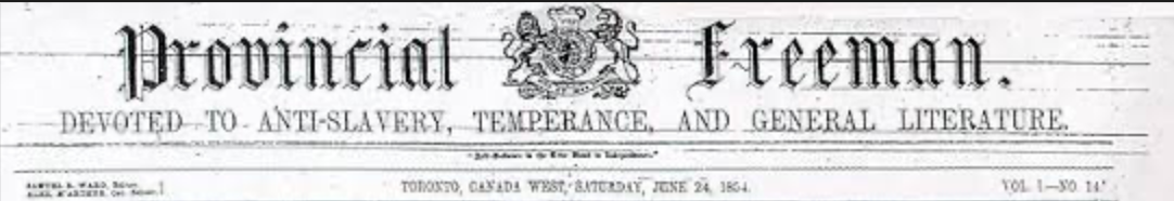 "Provincial Freeman" newspaper masthead from Toronto, Canada West, June 24, 1854, devoted to anti-slavery, temperance, and general literature.