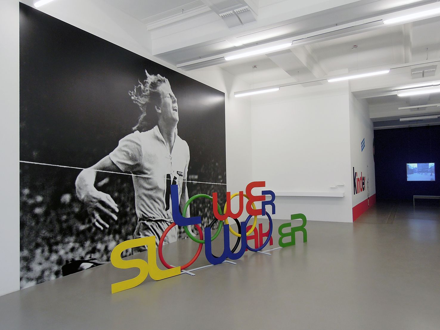 General view of the exhibition. On the left Weaker Lower Slower (detail). Painted steel and wall photograph, 2019.