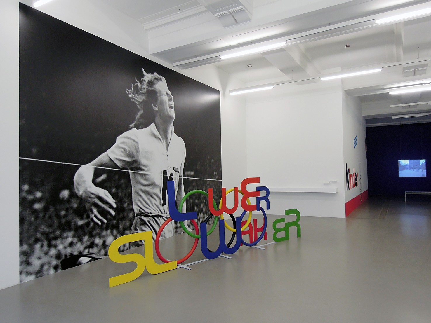 General view of the exhibition. On the left Weaker Lower Slower (detail). Painted steel and wall photograph, 2019.