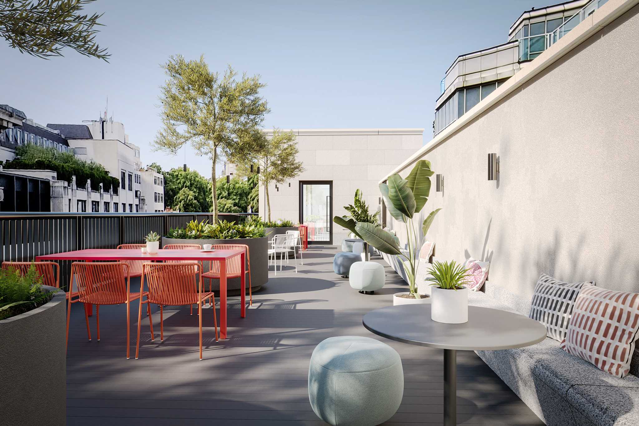 The alfresco terrace with views over Oxford Circus at the Parcel Building’s serviced office.