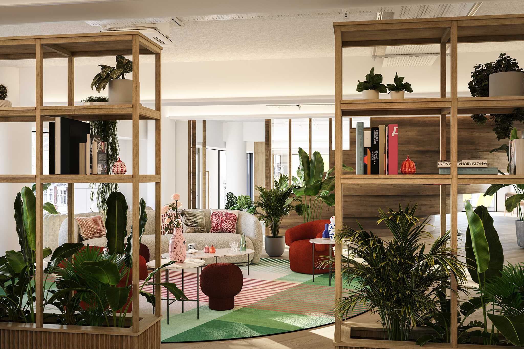 A workspace in Oxford Street with abundance of comfortable seating and plants.