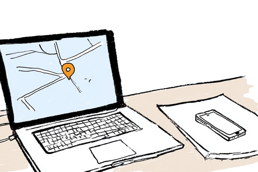 Sketch image of a laptop with the maps webpage displayed