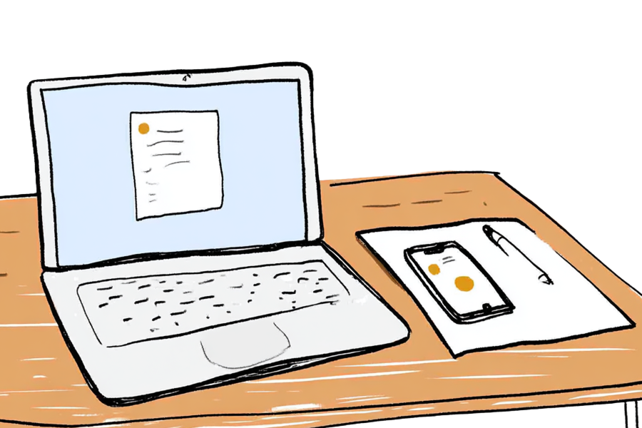 Sketch of white laptop on wooden table next to a smartphone and pen