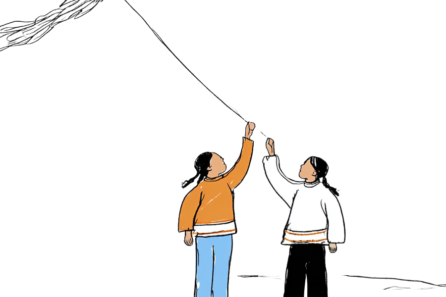 Sketch of two Native youth in an orange and white shirt flying a kit