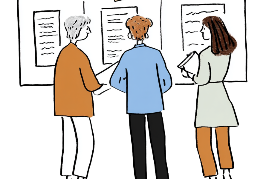 Sketch of three people with their backs turned, looking at news on wall