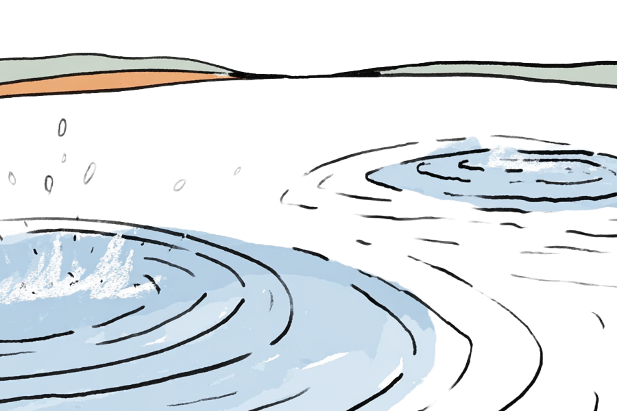 Sketch of ripples in a river with mountains in the background