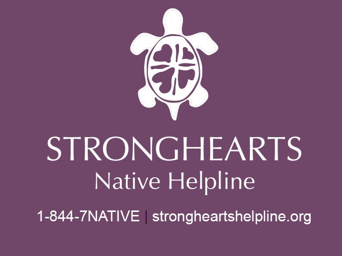 Logo for StrongHearts with a turtle and number to helpline