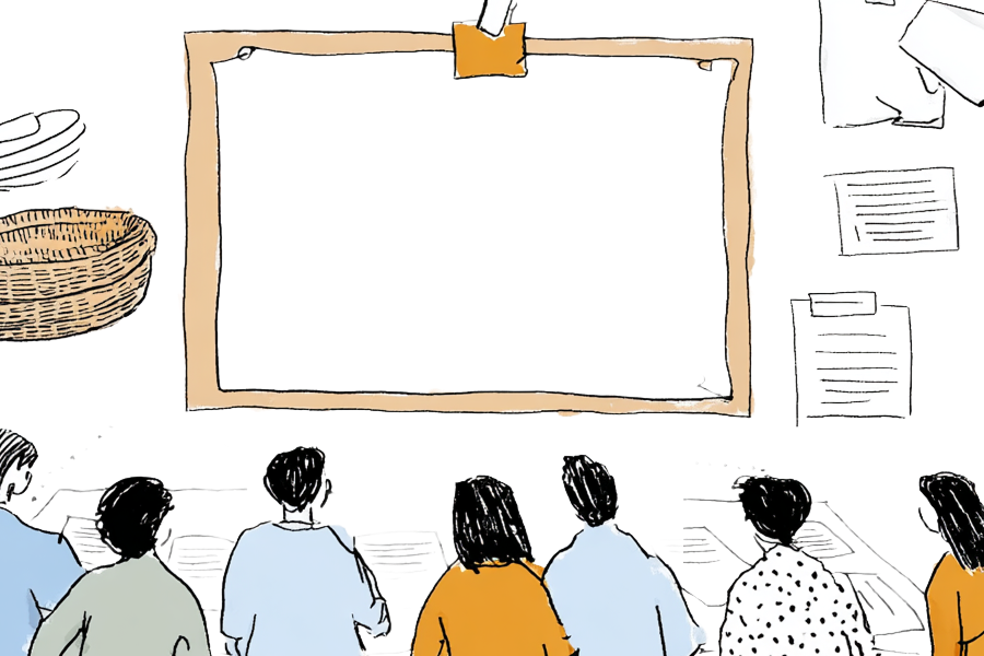 Stylized sketch of youth looking up at a white board