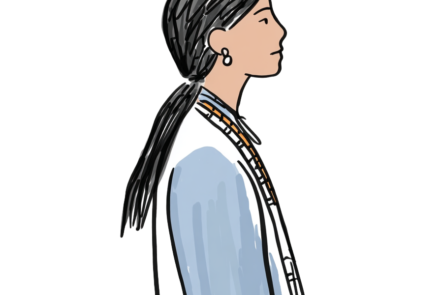 Sketch of Indigenous person with long hair wearing beaded necklace
