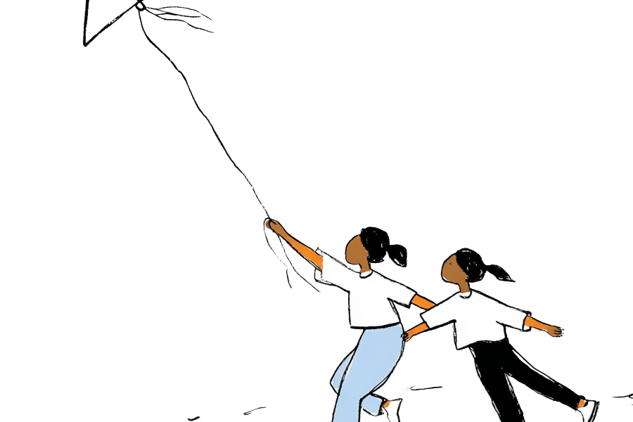 Sketch of two Native youth flying a kite in white tshirts 