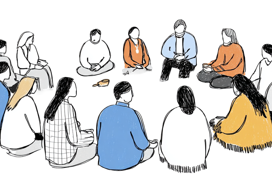 Sketch of several people sitting on the floor in a talking circle