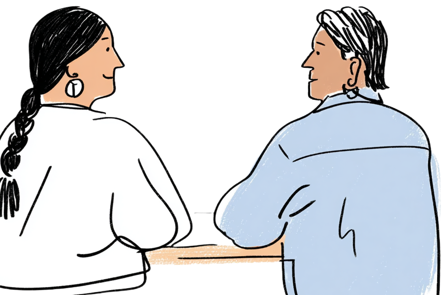 Sketch of two Native people looking at each other while at a table