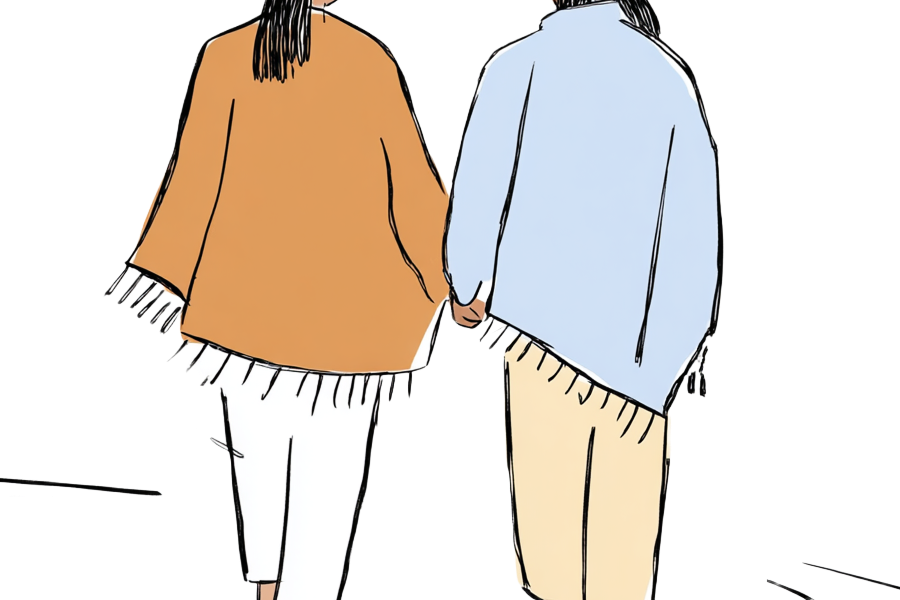 Sketch of the back of a Native American couple walking with hands held