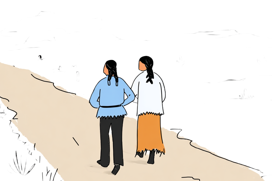 Stylized Sketch of two Native people walking side-by-side on a dirt path