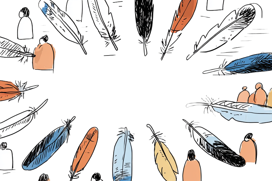 Circle of blue, orange, and yellow feathers with the quill facing inward